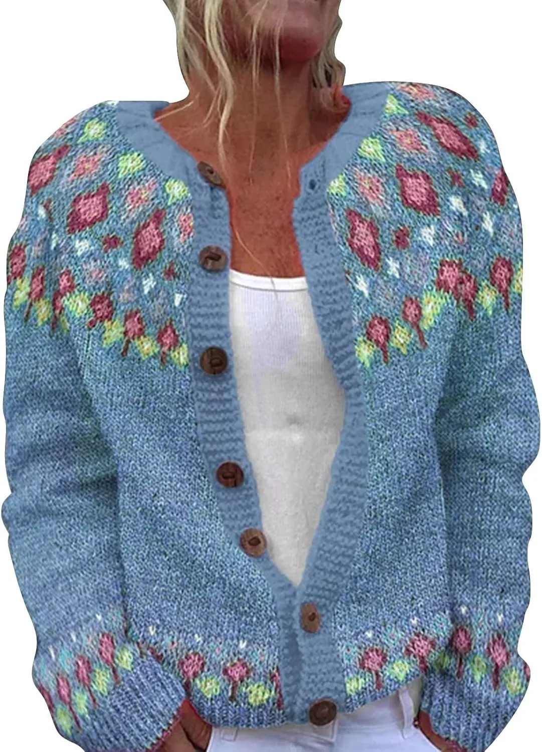 Womens Fair Isle Cardigan Sweater 2024 Vintage Graphic Chunky Knit Button Down Sweaters Fall Winter Oversized Jumpers