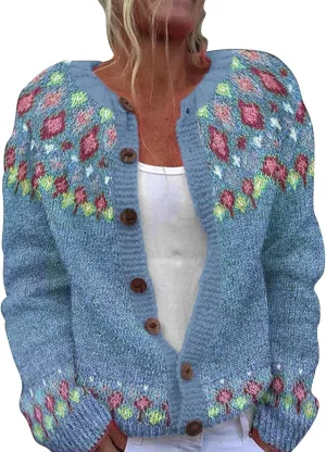 Womens Fair Isle Cardigan Sweater 2024 Vintage Graphic Chunky Knit Button Down Sweaters Fall Winter Oversized Jumpers