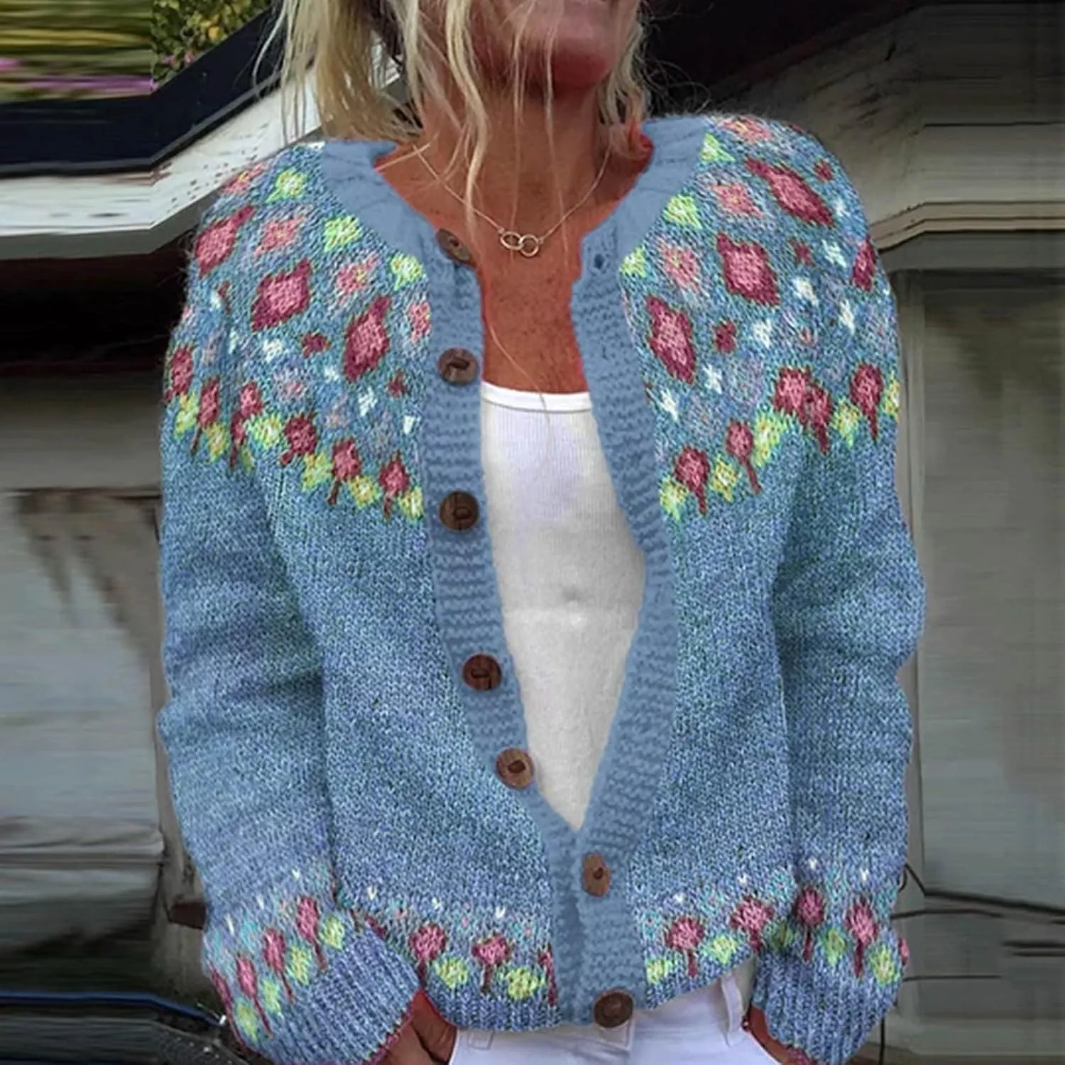 Womens Fair Isle Cardigan Sweater 2024 Vintage Graphic Chunky Knit Button Down Sweaters Fall Winter Oversized Jumpers