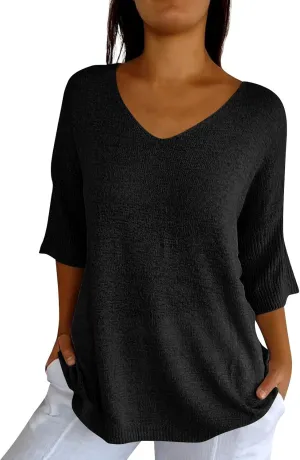 Women's Fall 3/4 Sleeve Sweaters 2024 Casual Crewneck Ribbed Knit Flower Striped Loose Pullover Tops Plus Size