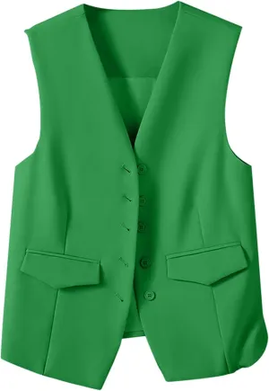 Womens Fall Causal Vest Trendy V Neck Button Up Vintage Sleeveless Suit Waistcoat Leisure Solid Color Business Blazer