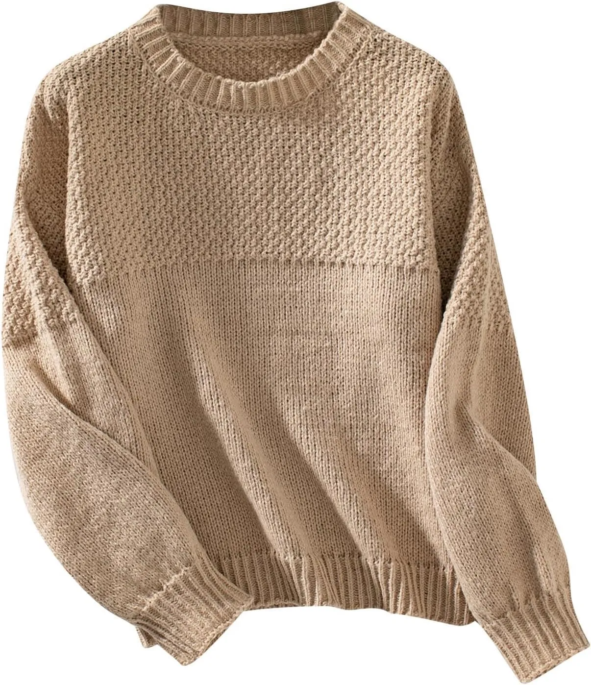Womens Fall Sweaters 2024 Trendy Puff Long Sleeve Crew Neck Knitted Jumper Tops Chunky Knit Pullover Sweater