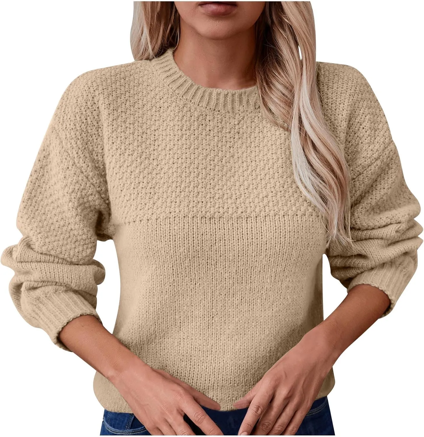 Womens Fall Sweaters 2024 Trendy Puff Long Sleeve Crew Neck Knitted Jumper Tops Chunky Knit Pullover Sweater
