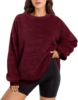 Women's Fleece Long Sleeve Sweatshirts Casual Solid Color Hoodies Drop Shoulders Pullover Loose Fit Y2K Clothes Outfits