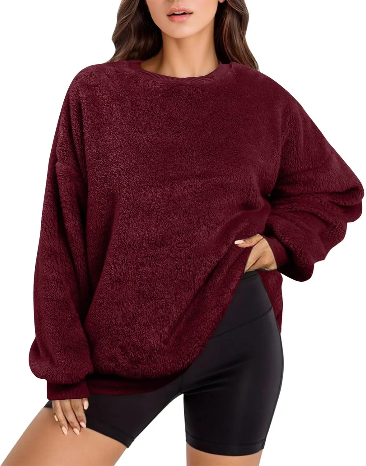 Women's Fleece Long Sleeve Sweatshirts Casual Solid Color Hoodies Drop Shoulders Pullover Loose Fit Y2K Clothes Outfits