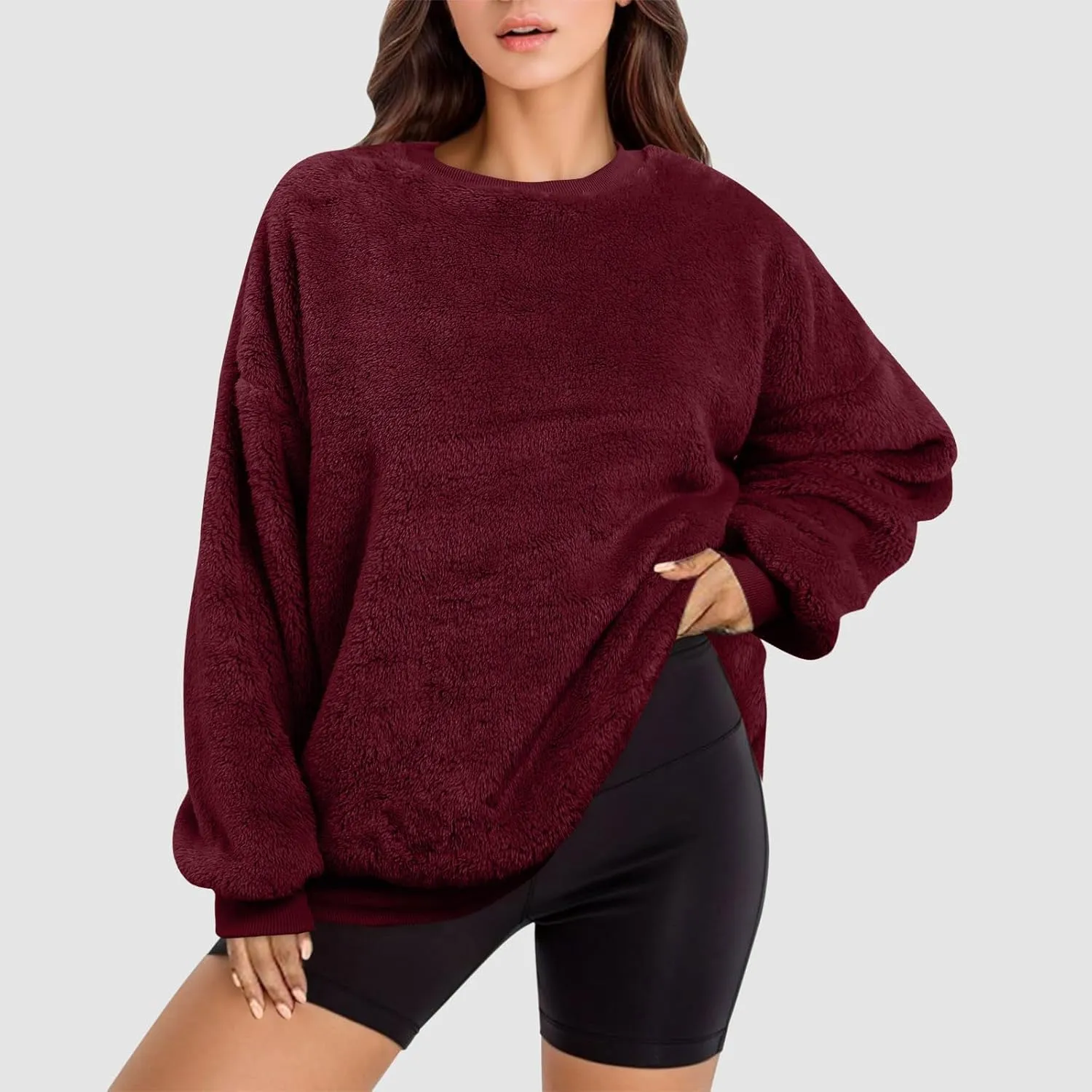 Women's Fleece Long Sleeve Sweatshirts Casual Solid Color Hoodies Drop Shoulders Pullover Loose Fit Y2K Clothes Outfits