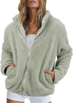 Womens Full Zip Sherpa Fleece Jacket Solid Color Fuzzy Teddy Coat Lightweight Warm Winter Casual Outfits with Pockets