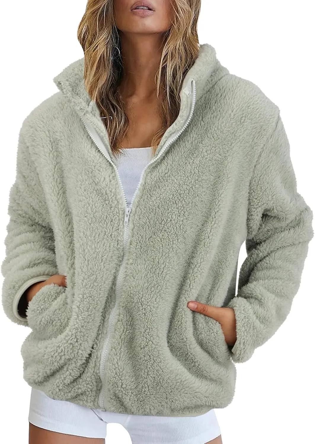 Womens Full Zip Sherpa Fleece Jacket Solid Color Fuzzy Teddy Coat Lightweight Warm Winter Casual Outfits with Pockets