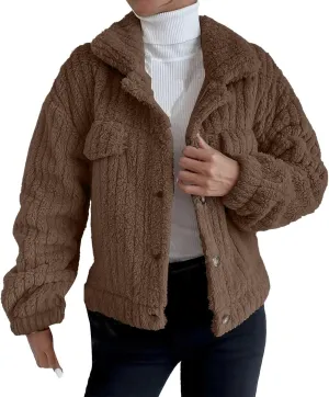 Womens Fuzzy Fleece Cardigan Jacket Lapel Collar Button Rabbit Plush Trendy Coats Fall Winter Thermal Casual Outwears