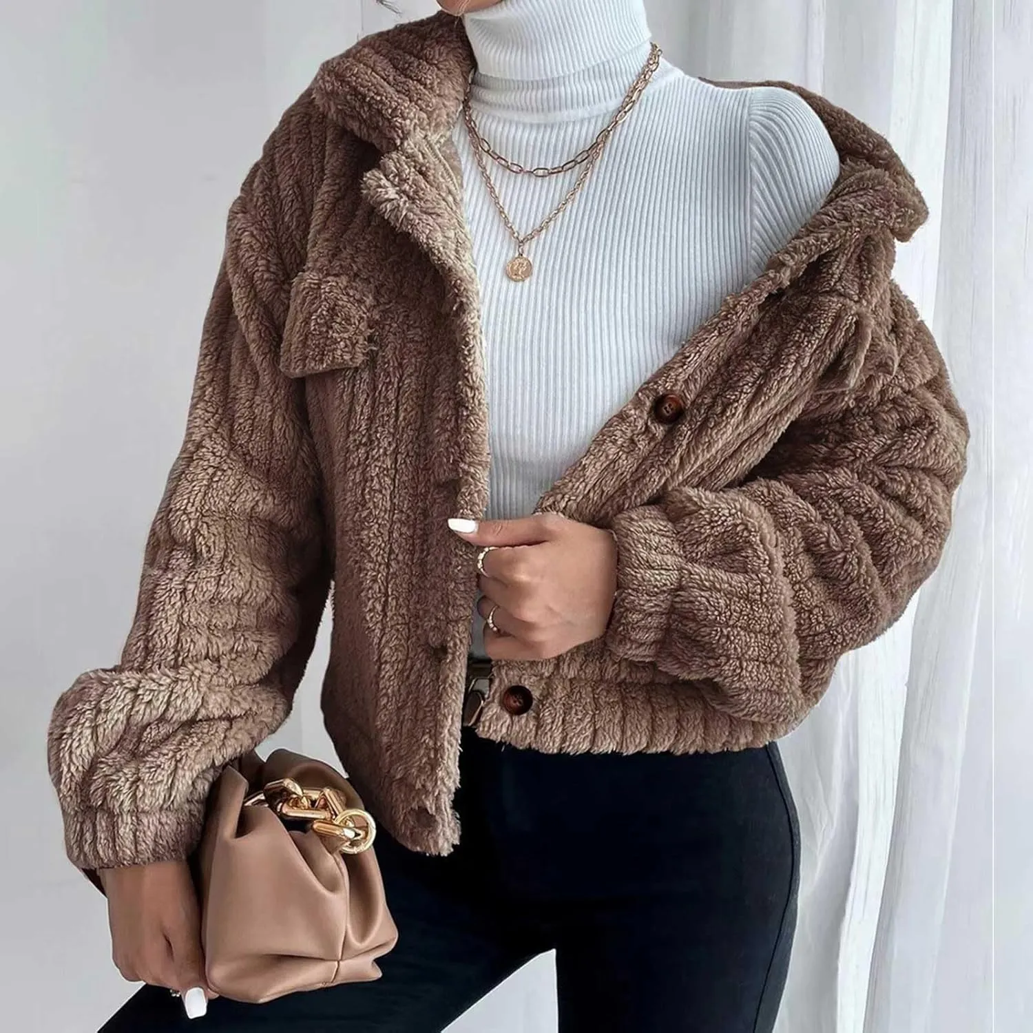 Womens Fuzzy Fleece Cardigan Jacket Lapel Collar Button Rabbit Plush Trendy Coats Fall Winter Thermal Casual Outwears