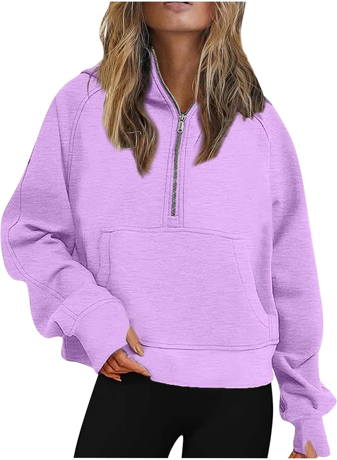 Womens Half Zip Sweatshirt Oversized Fleece Quarter Zipper Pullover Thumb Hole Cropped Hoodies with Pocket