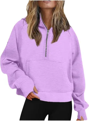 Womens Half Zip Sweatshirt Oversized Fleece Quarter Zipper Pullover Thumb Hole Cropped Hoodies with Pocket