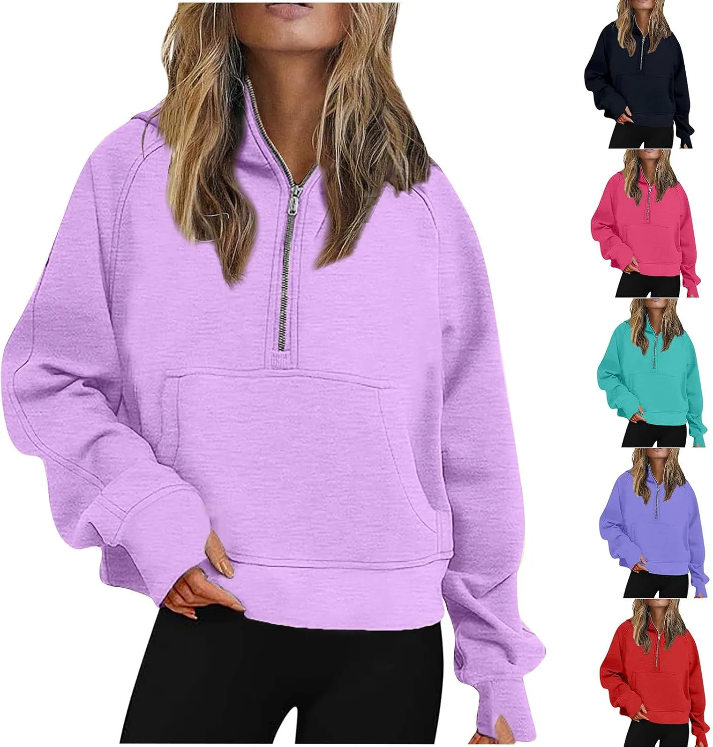Womens Half Zip Sweatshirt Oversized Fleece Quarter Zipper Pullover Thumb Hole Cropped Hoodies with Pocket