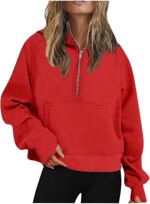 Womens Half Zip Sweatshirt Oversized Fleece Quarter Zipper Pullover Thumb Hole Cropped Hoodies with Pocket