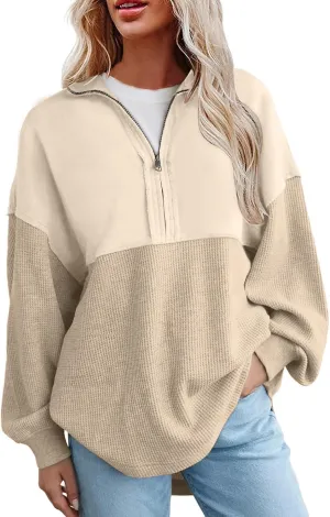Womens Half Zip Waffle Knit Sweatshirt Oversized Sweatshirts Casual Trendy Crewneck Pullovers Fall Winter Clothes