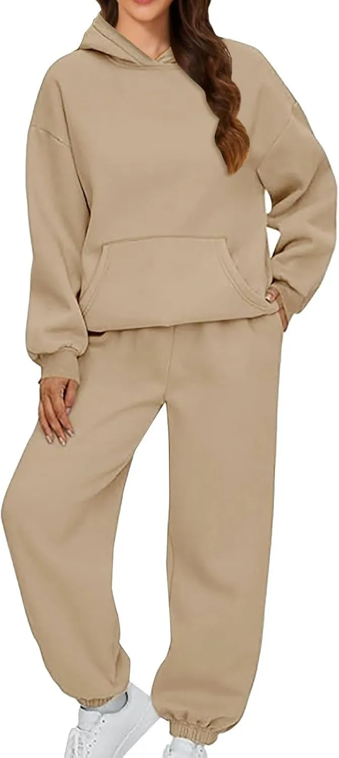Womens Hoodie 2 Piece Set Trendy Oversized Baggy Lounge Y2K Sweatsuit Sets Casual Solid Color Loose Fit Tracksuit Set