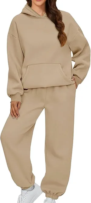 Womens Hoodie 2 Piece Set Trendy Oversized Baggy Lounge Y2K Sweatsuit Sets Casual Solid Color Loose Fit Tracksuit Set
