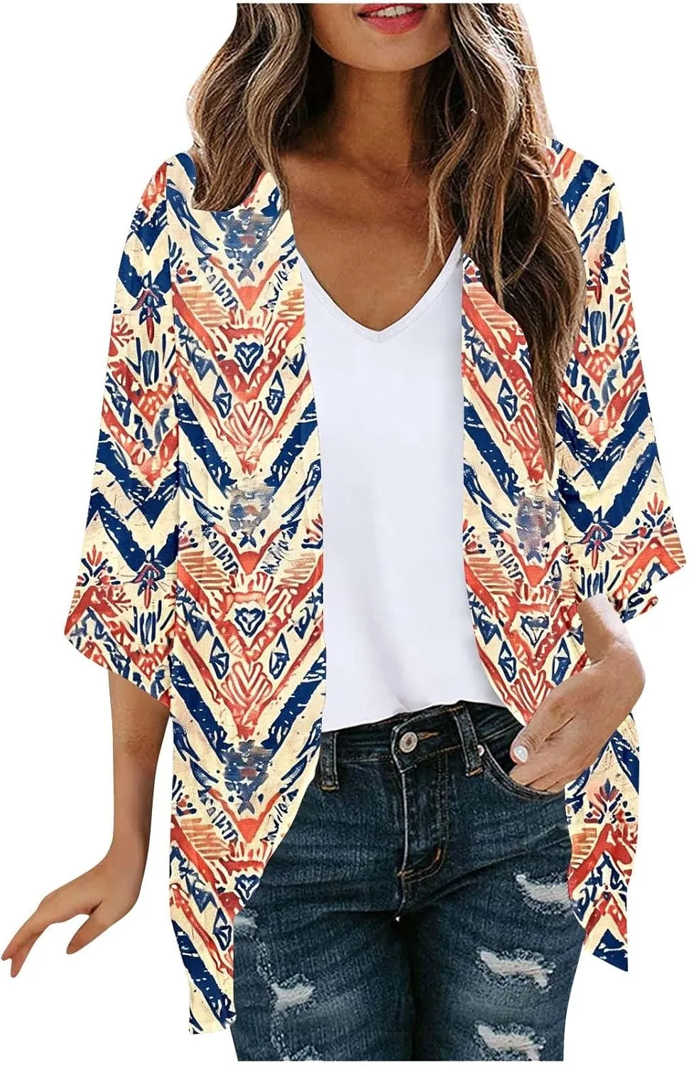 Womens Leopard Chiffon Kimono Cardigans 3/4 Sleeve Loose Beach Cover Up Lightweight Sun Protection Clothes Rash Guard