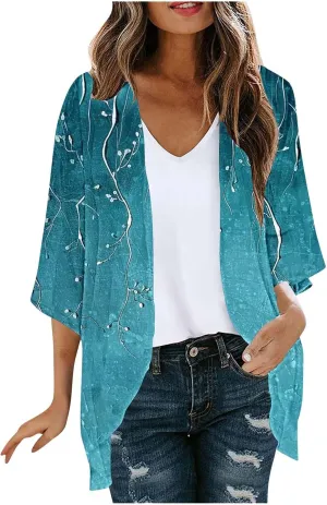Womens Leopard Chiffon Kimono Cardigans 3/4 Sleeve Loose Beach Cover Up Lightweight Sun Protection Clothes Rash Guard