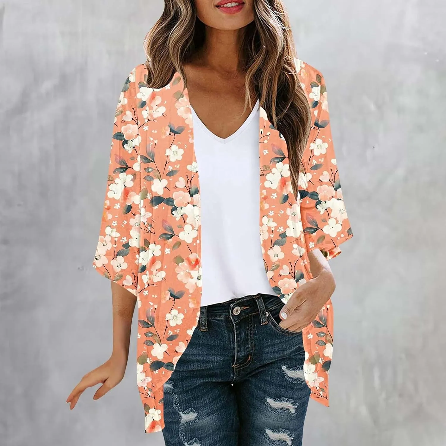 Womens Leopard Chiffon Kimono Cardigans 3/4 Sleeve Loose Beach Cover Up Lightweight Sun Protection Clothes Rash Guard
