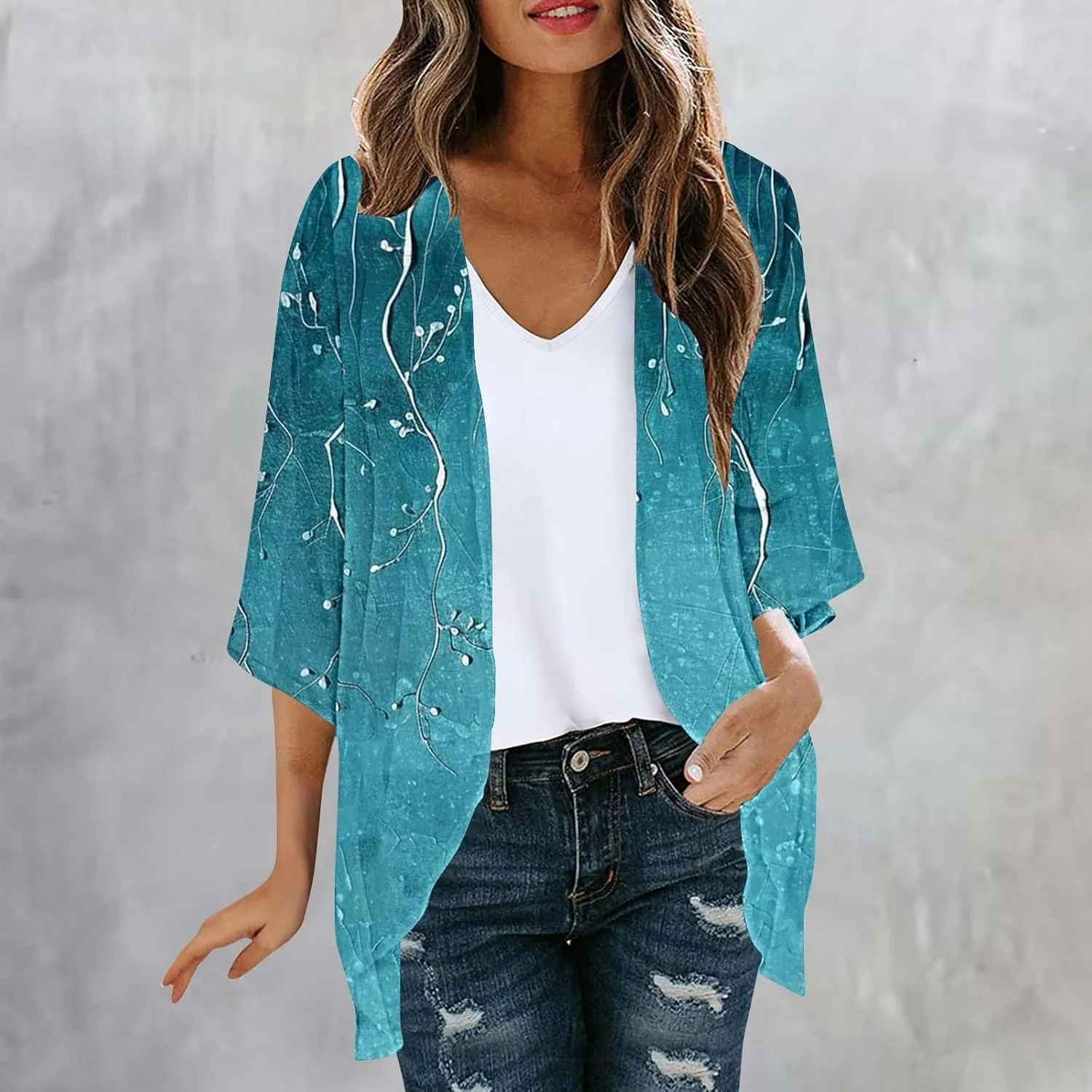 Womens Leopard Chiffon Kimono Cardigans 3/4 Sleeve Loose Beach Cover Up Lightweight Sun Protection Clothes Rash Guard
