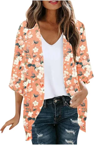 Womens Leopard Chiffon Kimono Cardigans 3/4 Sleeve Loose Beach Cover Up Lightweight Sun Protection Clothes Rash Guard