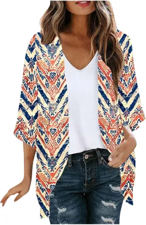 Womens Leopard Chiffon Kimono Cardigans 3/4 Sleeve Loose Beach Cover Up Lightweight Sun Protection Clothes Rash Guard