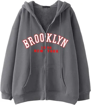 Women's Letter Print Sweatshirts Long Sleeve Zip Up Oversized Hoodie Casual Graphic Sporty Aesthetic Tops with Pockets