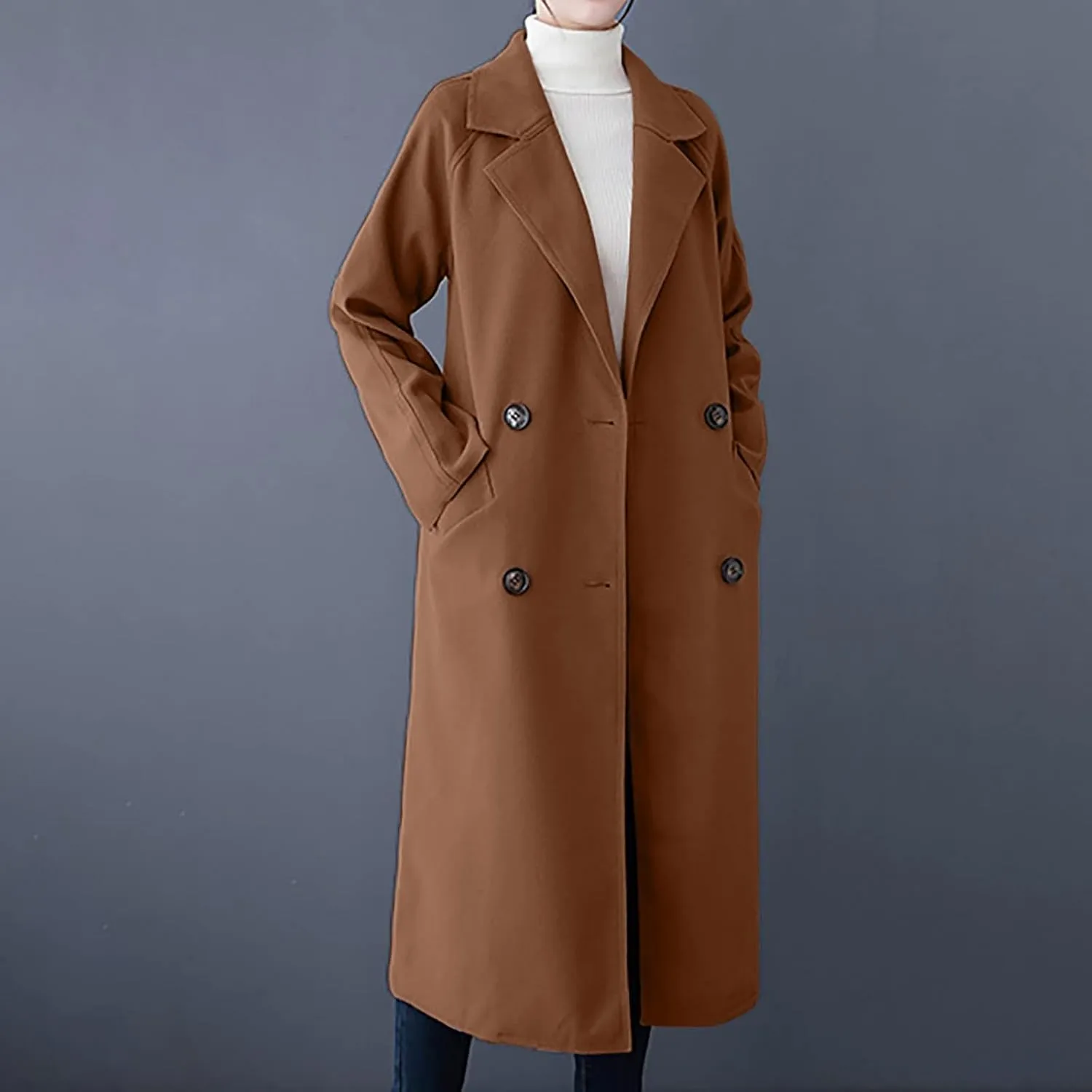 Womens Oversized Long Trench Coat Double Breasted Notch Lapel Wool Blend Coats Windproof Jackets Overcoat with Belt