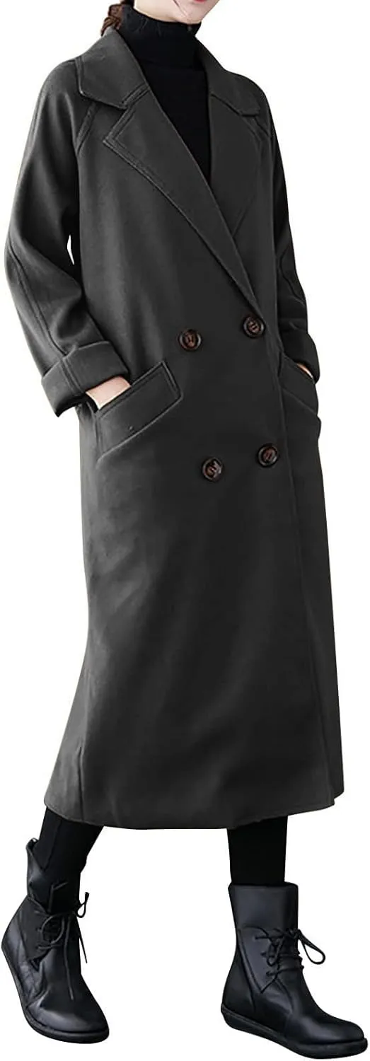 Womens Oversized Long Trench Coat Double Breasted Notch Lapel Wool Blend Coats Windproof Jackets Overcoat with Belt
