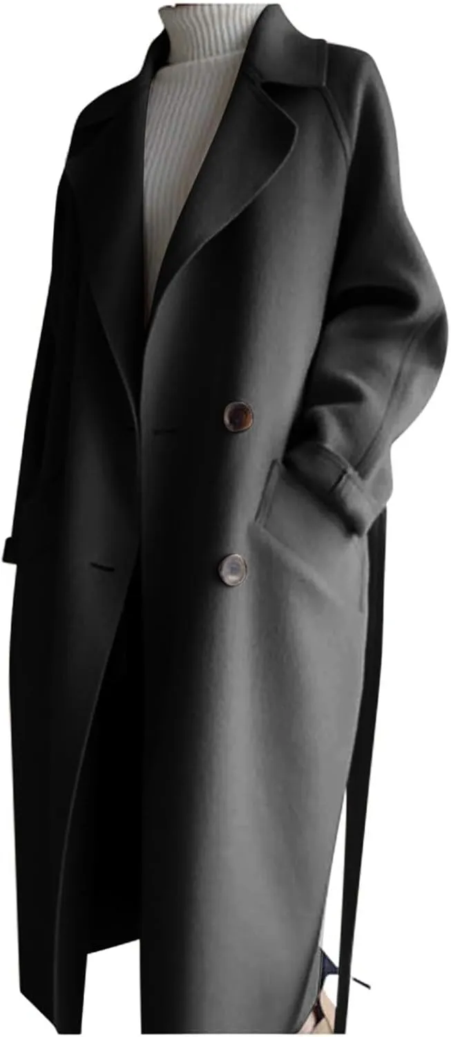 Womens Oversized Long Trench Coat Double Breasted Notch Lapel Wool Blend Coats Windproof Jackets Overcoat with Belt