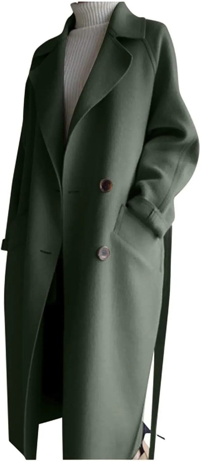 Womens Oversized Long Trench Coat Double Breasted Notch Lapel Wool Blend Coats Windproof Jackets Overcoat with Belt