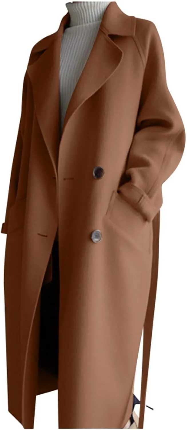 Womens Oversized Long Trench Coat Double Breasted Notch Lapel Wool Blend Coats Windproof Jackets Overcoat with Belt