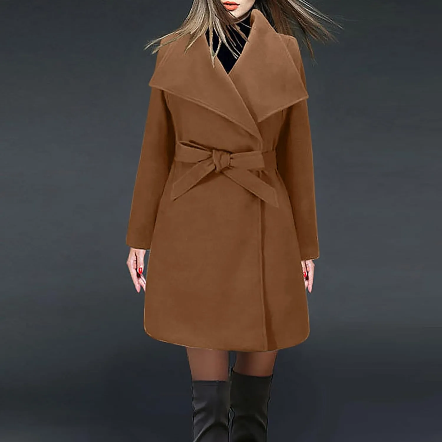 Womens Oversized Long Trench Coat Double Breasted Notch Lapel Wool Blend Coats Windproof Jackets Overcoat with Belt
