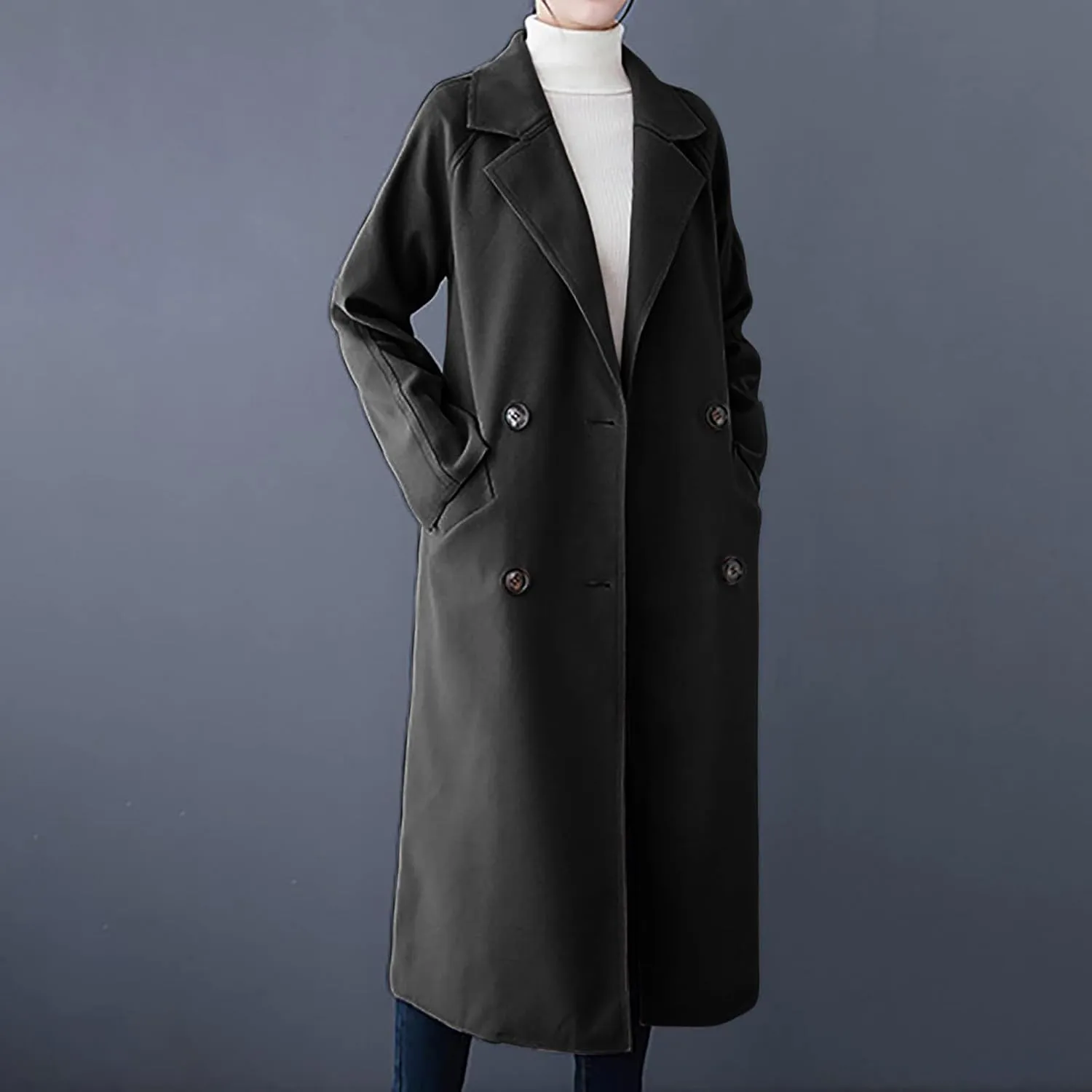 Womens Oversized Long Trench Coat Double Breasted Notch Lapel Wool Blend Coats Windproof Jackets Overcoat with Belt