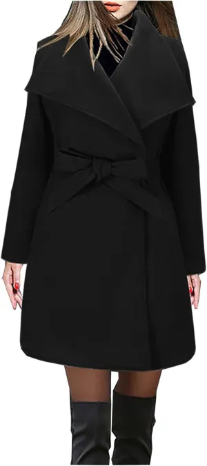 Womens Oversized Long Trench Coat Double Breasted Notch Lapel Wool Blend Coats Windproof Jackets Overcoat with Belt