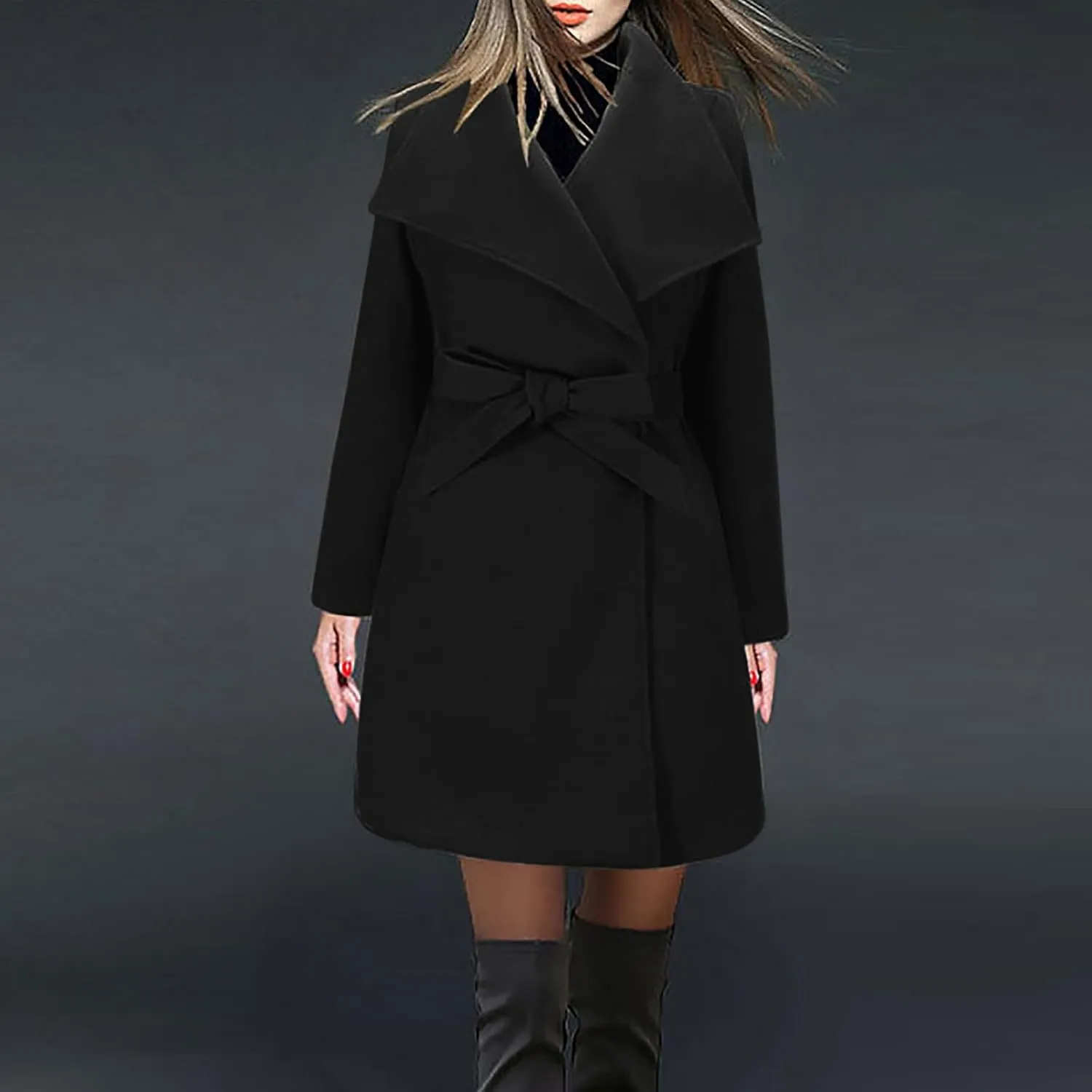 Womens Oversized Long Trench Coat Double Breasted Notch Lapel Wool Blend Coats Windproof Jackets Overcoat with Belt