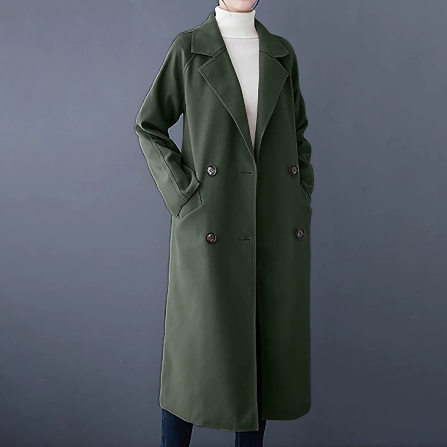 Womens Oversized Long Trench Coat Double Breasted Notch Lapel Wool Blend Coats Windproof Jackets Overcoat with Belt
