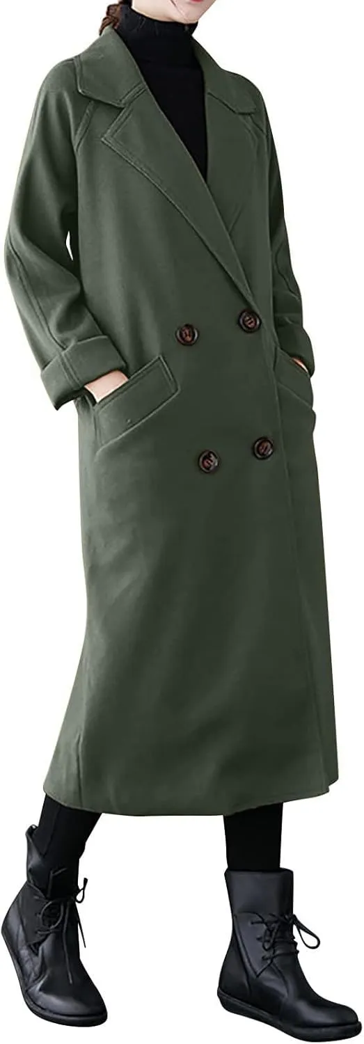 Womens Oversized Long Trench Coat Double Breasted Notch Lapel Wool Blend Coats Windproof Jackets Overcoat with Belt