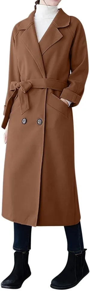 Womens Oversized Long Trench Coat Double Breasted Notch Lapel Wool Blend Coats Windproof Jackets Overcoat with Belt