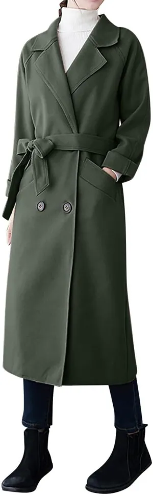Womens Oversized Long Trench Coat Double Breasted Notch Lapel Wool Blend Coats Windproof Jackets Overcoat with Belt