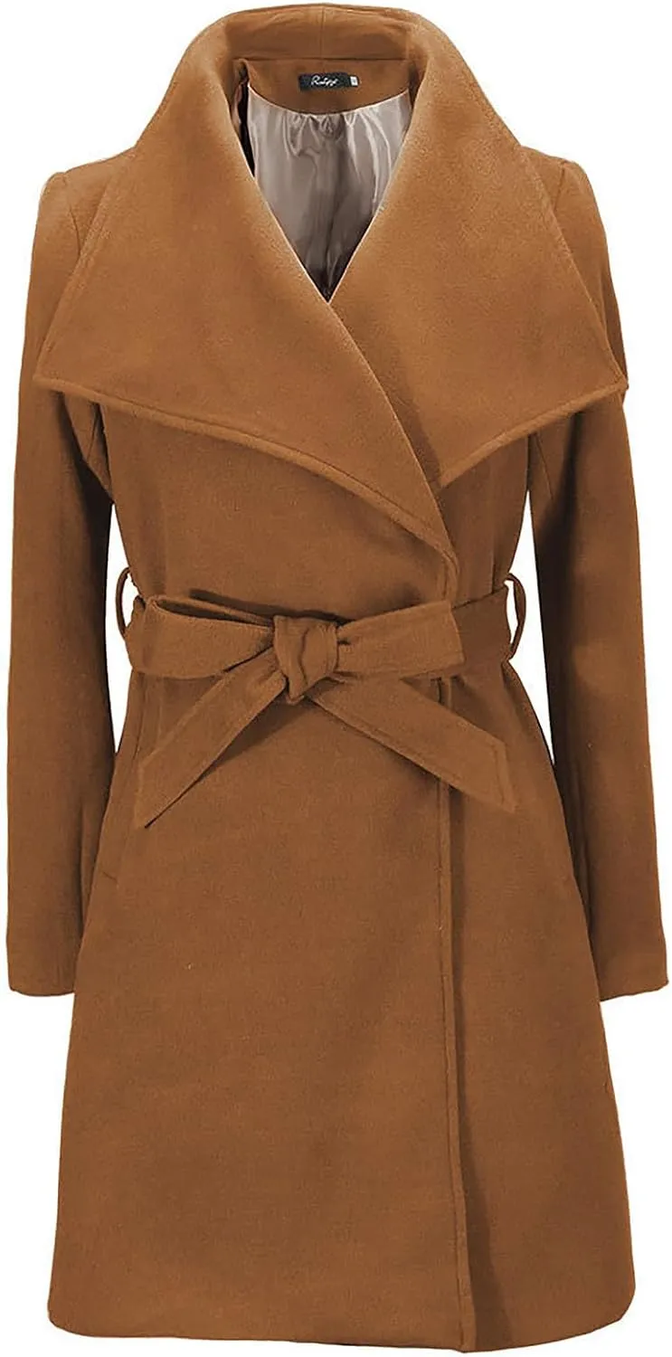 Womens Oversized Long Trench Coat Double Breasted Notch Lapel Wool Blend Coats Windproof Jackets Overcoat with Belt