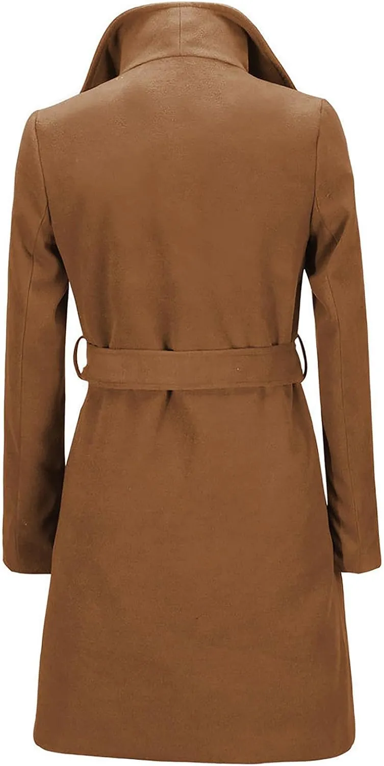 Womens Oversized Long Trench Coat Double Breasted Notch Lapel Wool Blend Coats Windproof Jackets Overcoat with Belt