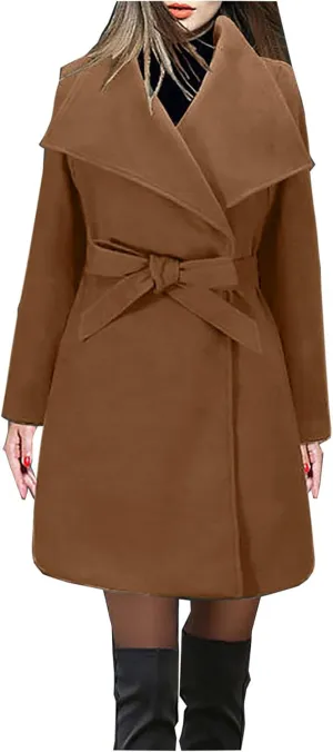 Womens Oversized Long Trench Coat Double Breasted Notch Lapel Wool Blend Coats Windproof Jackets Overcoat with Belt