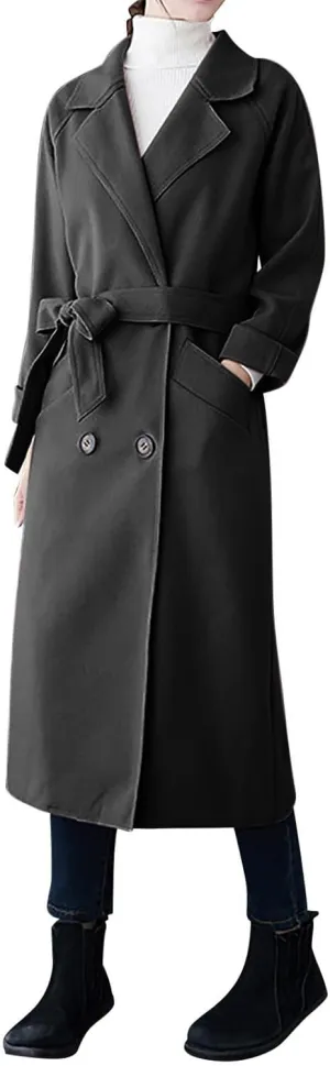Womens Oversized Long Trench Coat Double Breasted Notch Lapel Wool Blend Coats Windproof Jackets Overcoat with Belt