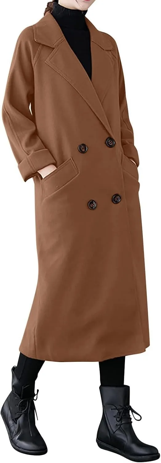 Womens Oversized Long Trench Coat Double Breasted Notch Lapel Wool Blend Coats Windproof Jackets Overcoat with Belt