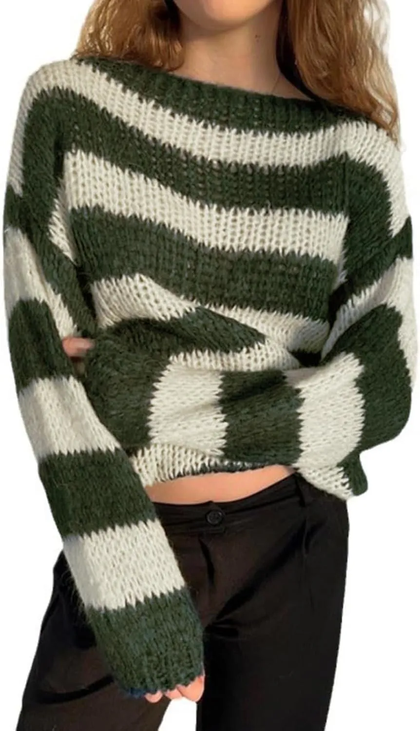 Womens Oversized Striped Sweaters Crewneck Long Sleeve Pullover Loose Chunky Knit Sweater Tops