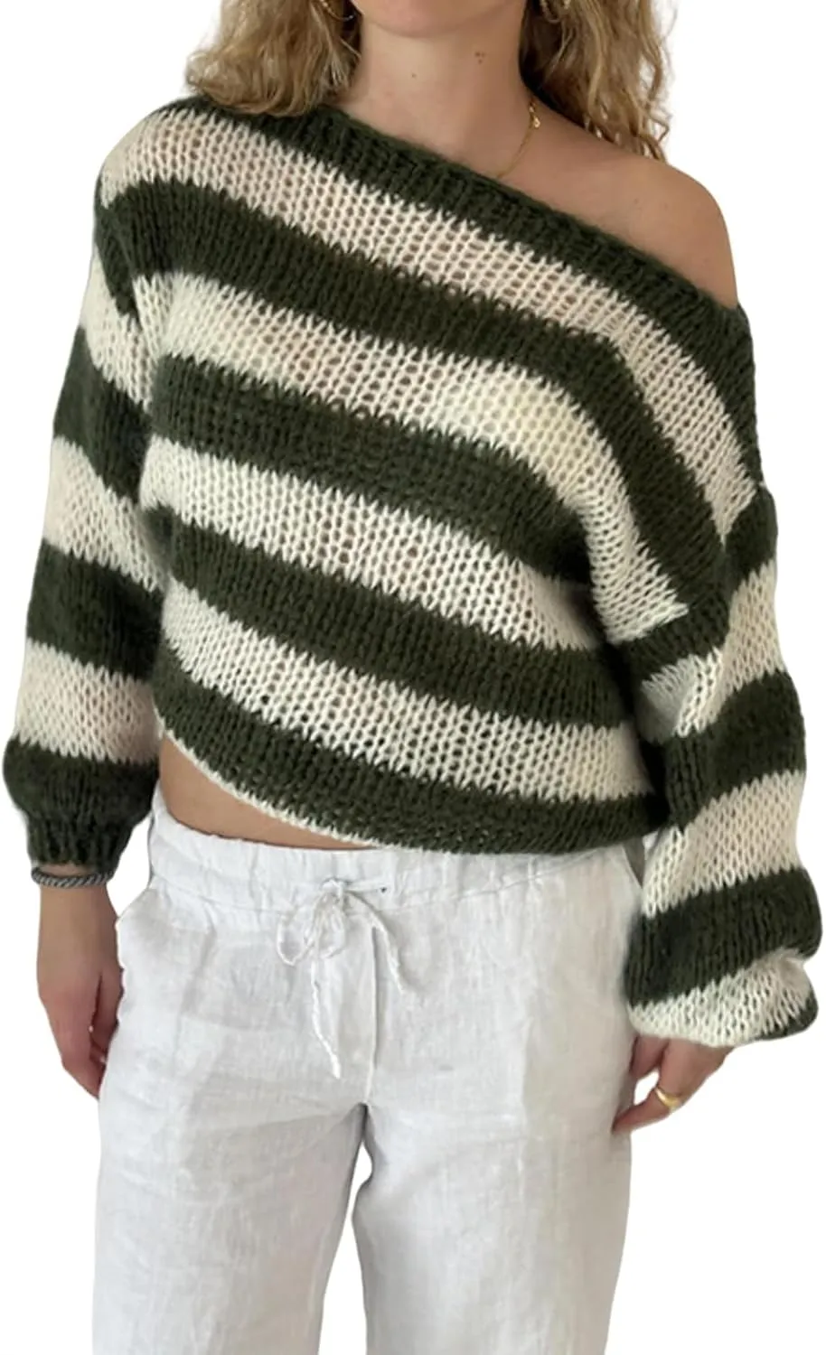 Womens Oversized Striped Sweaters Crewneck Long Sleeve Pullover Loose Chunky Knit Sweater Tops