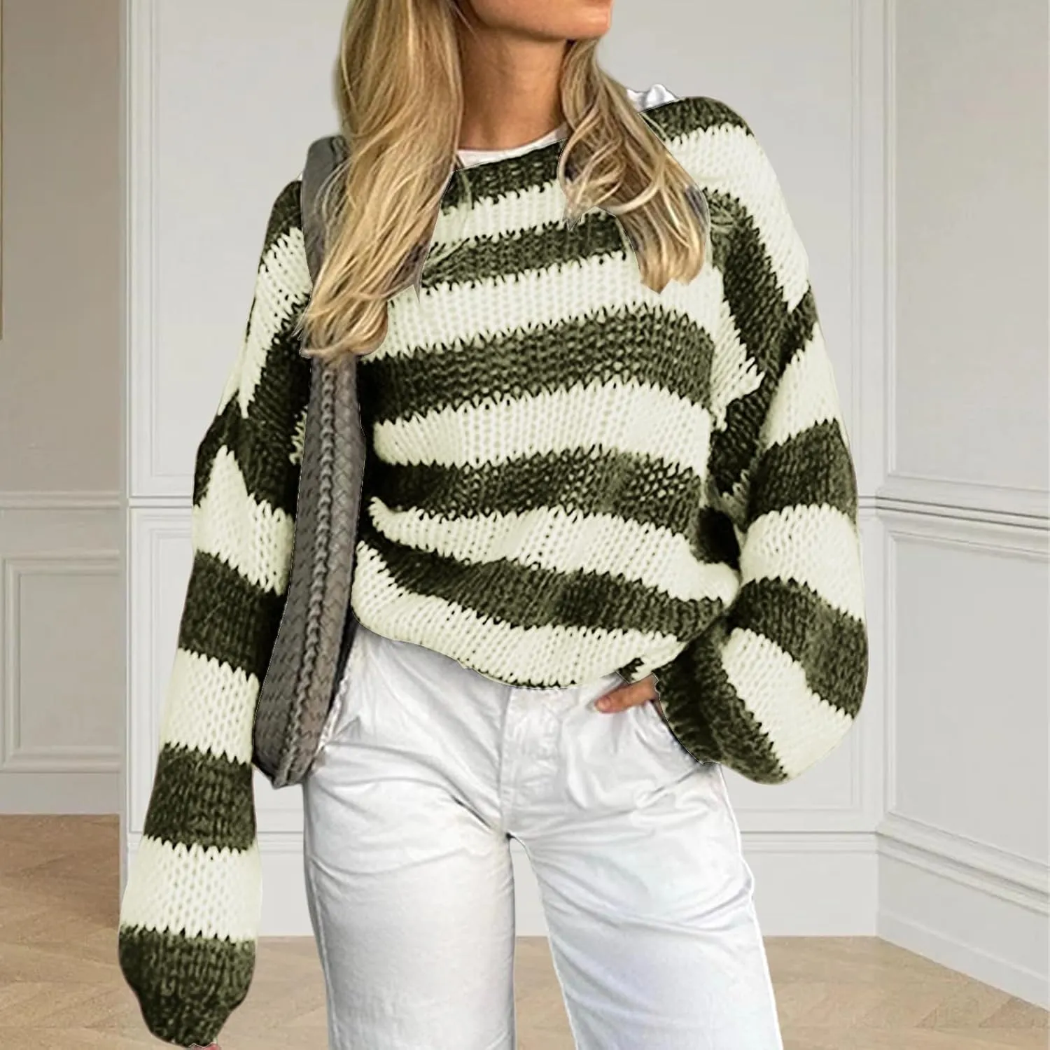 Womens Oversized Striped Sweaters Crewneck Long Sleeve Pullover Loose Chunky Knit Sweater Tops