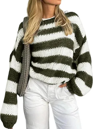 Womens Oversized Striped Sweaters Crewneck Long Sleeve Pullover Loose Chunky Knit Sweater Tops